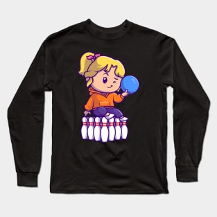 Cute Girl Playing Bowling Cartoon Long Sleeve T-Shirt